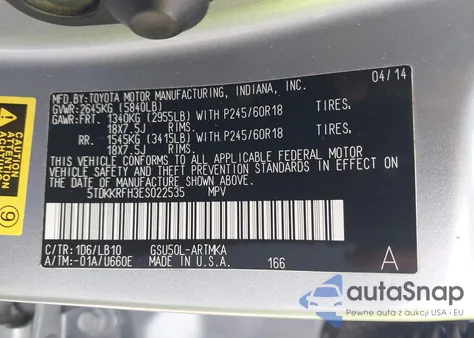 2014 Toyota Highlander Xle V6 из США, поврежденный, VIN 5TDKKRFH3ES022535